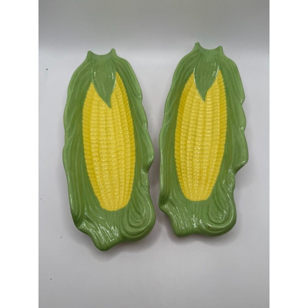 2 Vintage Vtg Corn on the Cob ceramic dishes Toleware 70s Cottagecore Grannycore